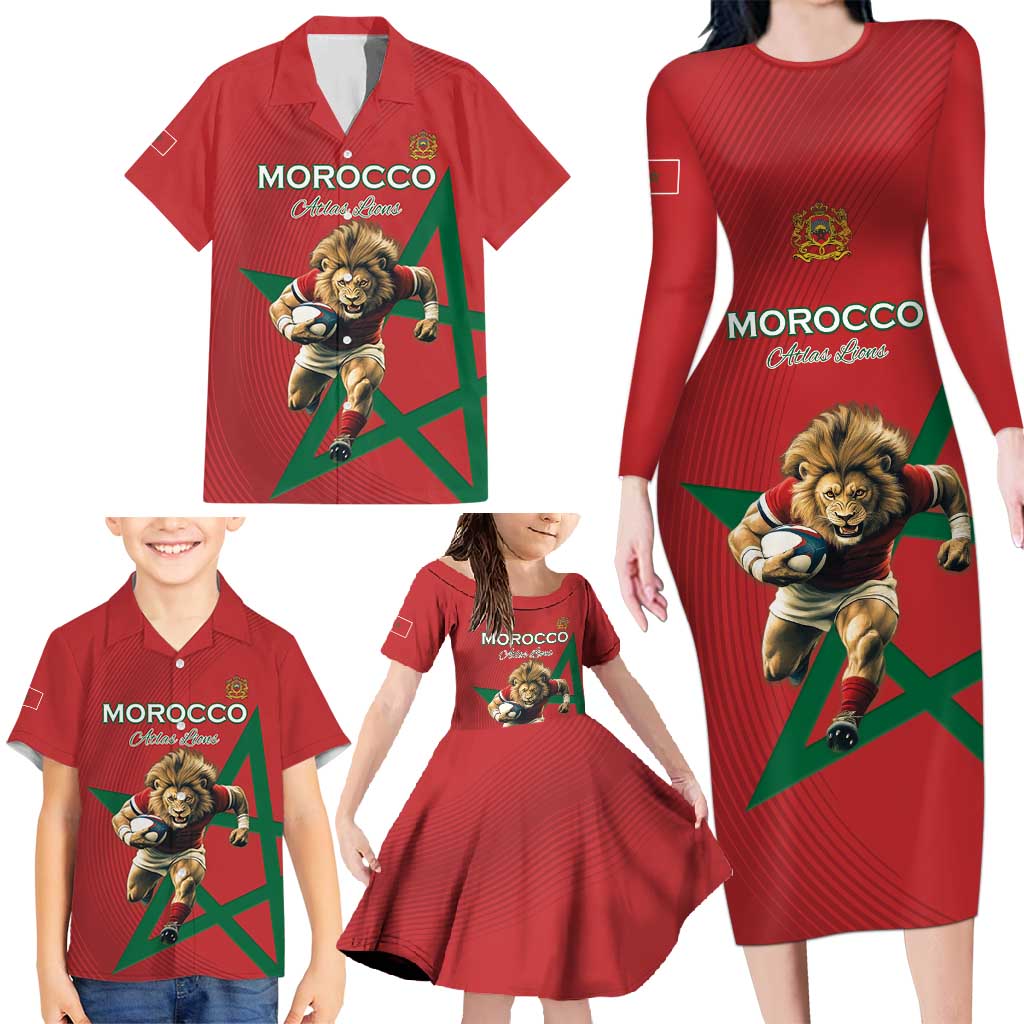 Morocco Rugby Custom Family Matching Long Sleeve Bodycon Dress and Hawaiian Shirt Lion Mascot Green Star
