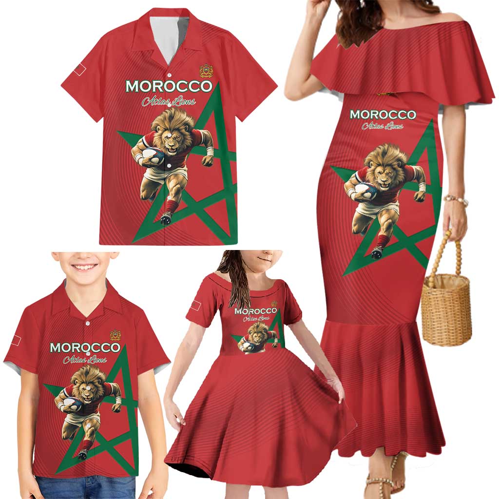 Morocco Rugby Custom Family Matching Mermaid Dress and Hawaiian Shirt Lion Mascot Green Star