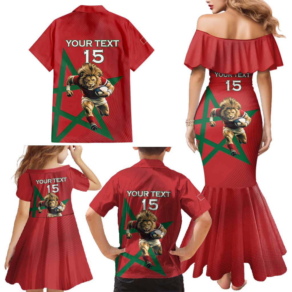 Morocco Rugby Custom Family Matching Mermaid Dress and Hawaiian Shirt Lion Mascot Green Star
