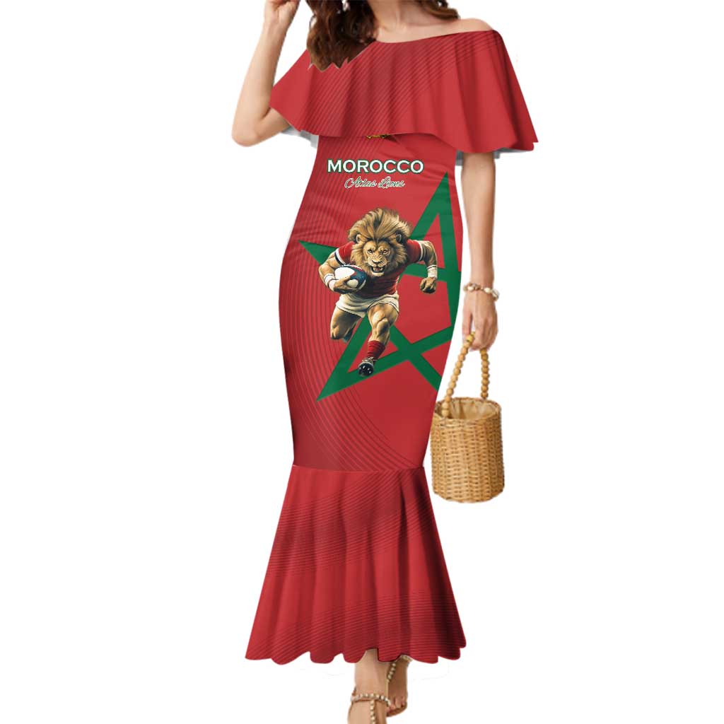 Morocco Rugby Custom Family Matching Mermaid Dress and Hawaiian Shirt Lion Mascot Green Star