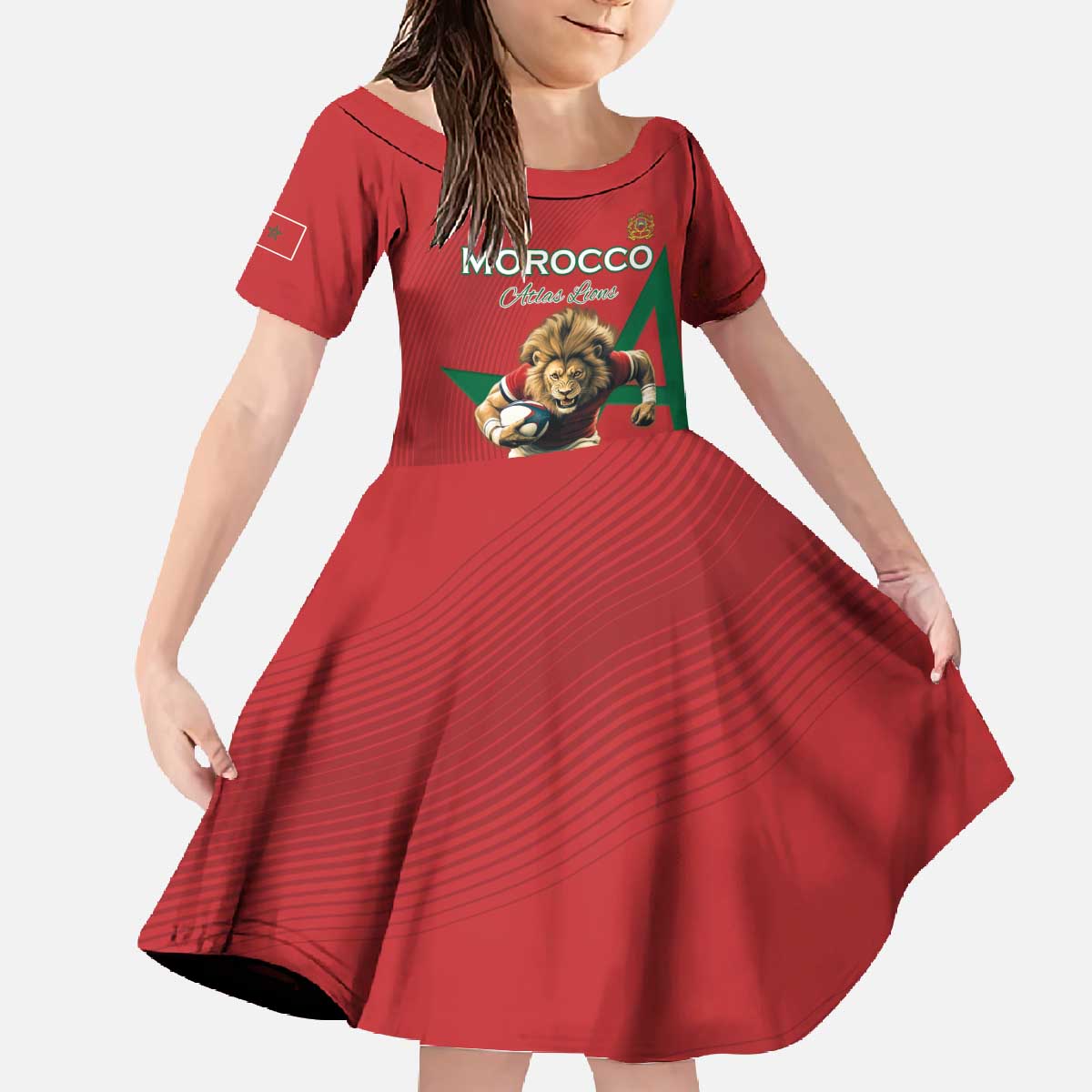 Morocco Rugby Custom Family Matching Off The Shoulder Long Sleeve Dress and Hawaiian Shirt Lion Mascot Green Star