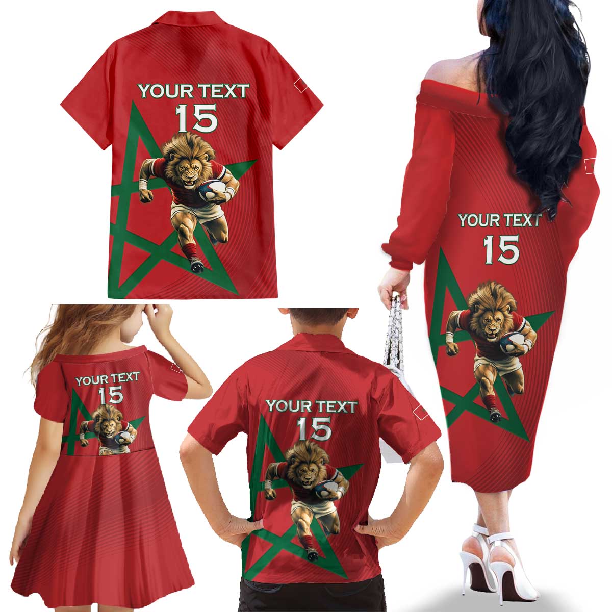 Morocco Rugby Custom Family Matching Off The Shoulder Long Sleeve Dress and Hawaiian Shirt Lion Mascot Green Star