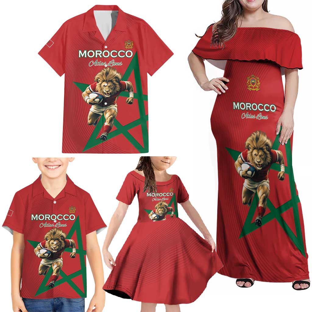 Morocco Rugby Custom Family Matching Off Shoulder Maxi Dress and Hawaiian Shirt Lion Mascot Green Star