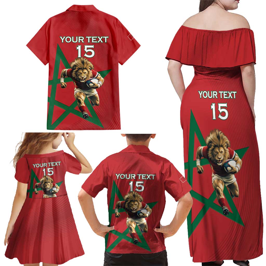Morocco Rugby Custom Family Matching Off Shoulder Maxi Dress and Hawaiian Shirt Lion Mascot Green Star