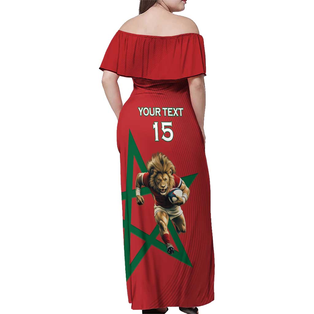 Morocco Rugby Custom Family Matching Off Shoulder Maxi Dress and Hawaiian Shirt Lion Mascot Green Star
