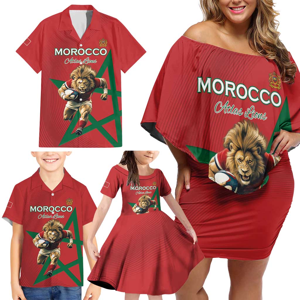 Morocco Rugby Custom Family Matching Off Shoulder Short Dress and Hawaiian Shirt Lion Mascot Green Star