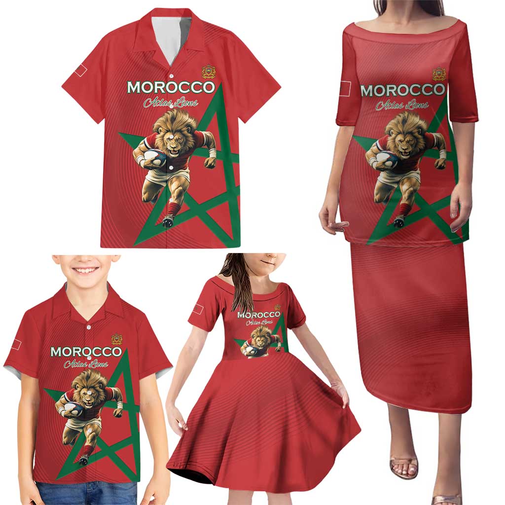 Morocco Rugby Custom Family Matching Puletasi and Hawaiian Shirt Lion Mascot Green Star