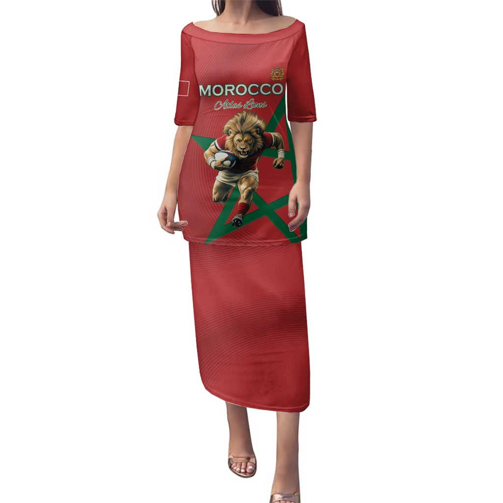 Morocco Rugby Custom Family Matching Puletasi and Hawaiian Shirt Lion Mascot Green Star