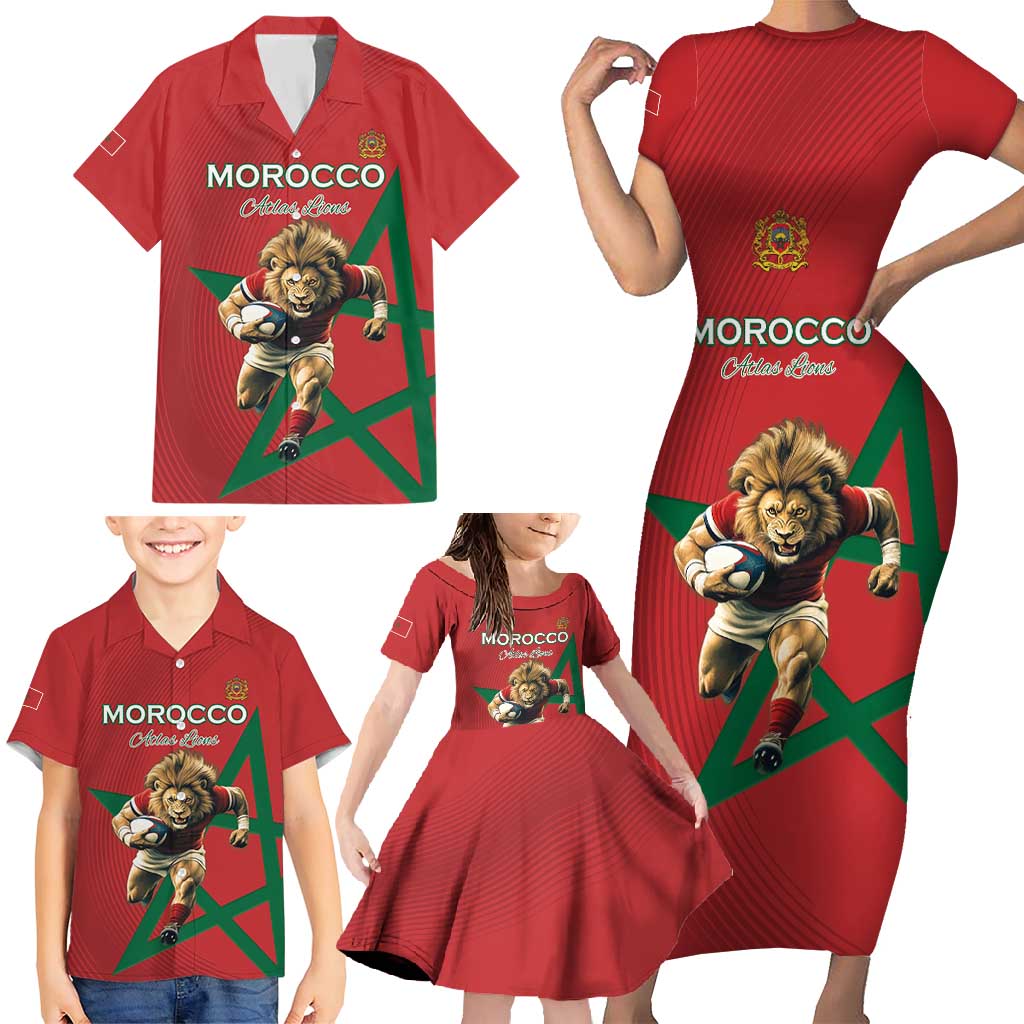 Morocco Rugby Custom Family Matching Short Sleeve Bodycon Dress and Hawaiian Shirt Lion Mascot Green Star
