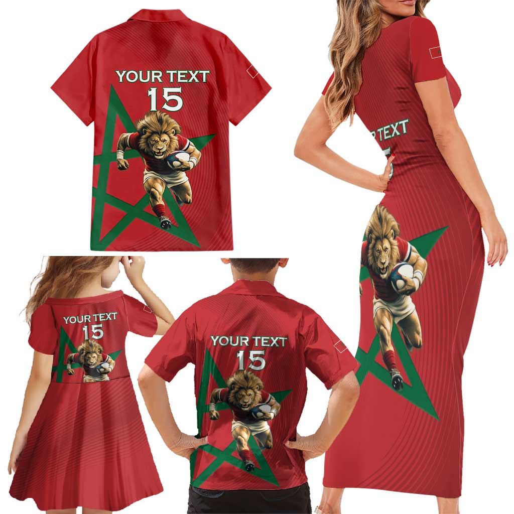 Morocco Rugby Custom Family Matching Short Sleeve Bodycon Dress and Hawaiian Shirt Lion Mascot Green Star