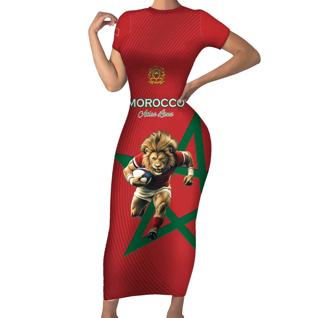 Morocco Rugby Custom Family Matching Short Sleeve Bodycon Dress and Hawaiian Shirt Lion Mascot Green Star