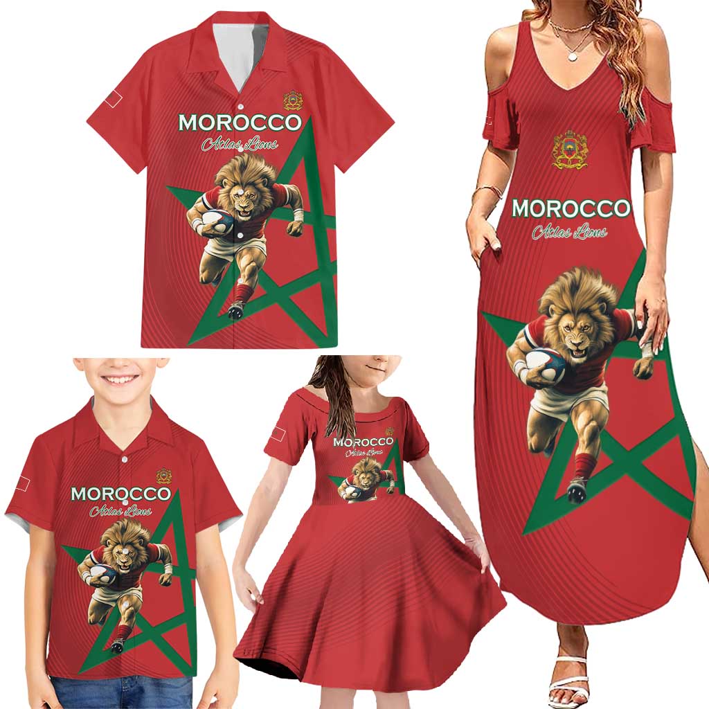 Morocco Rugby Custom Family Matching Summer Maxi Dress and Hawaiian Shirt Lion Mascot Green Star
