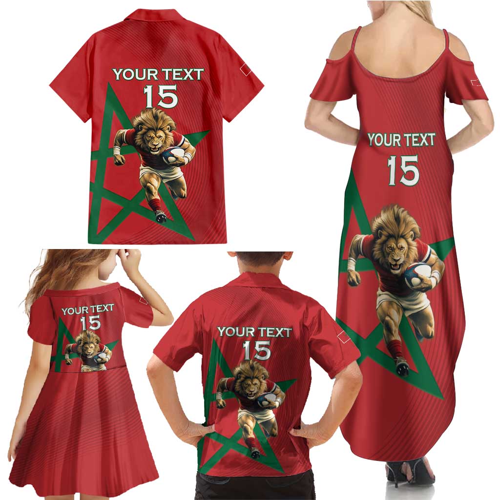 Morocco Rugby Custom Family Matching Summer Maxi Dress and Hawaiian Shirt Lion Mascot Green Star