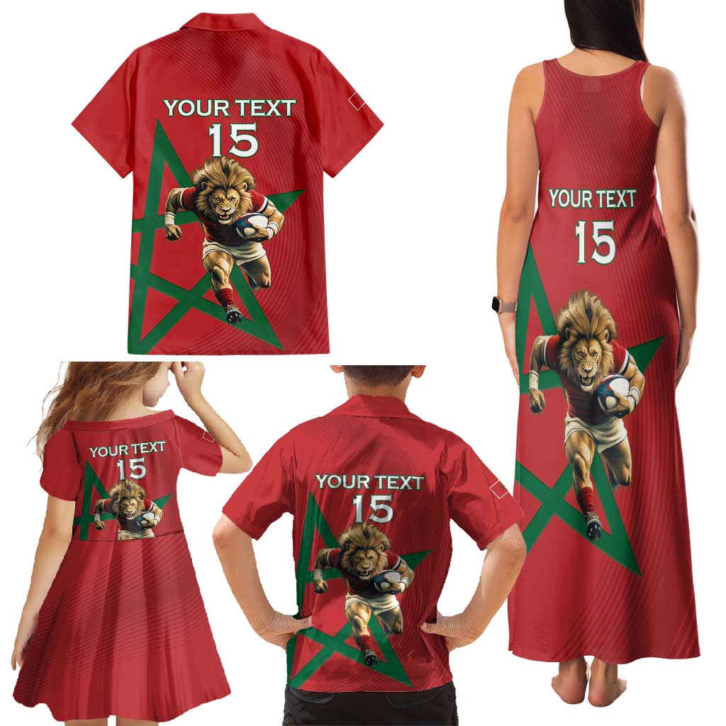 Morocco Rugby Custom Family Matching Tank Maxi Dress and Hawaiian Shirt Lion Mascot Green Star