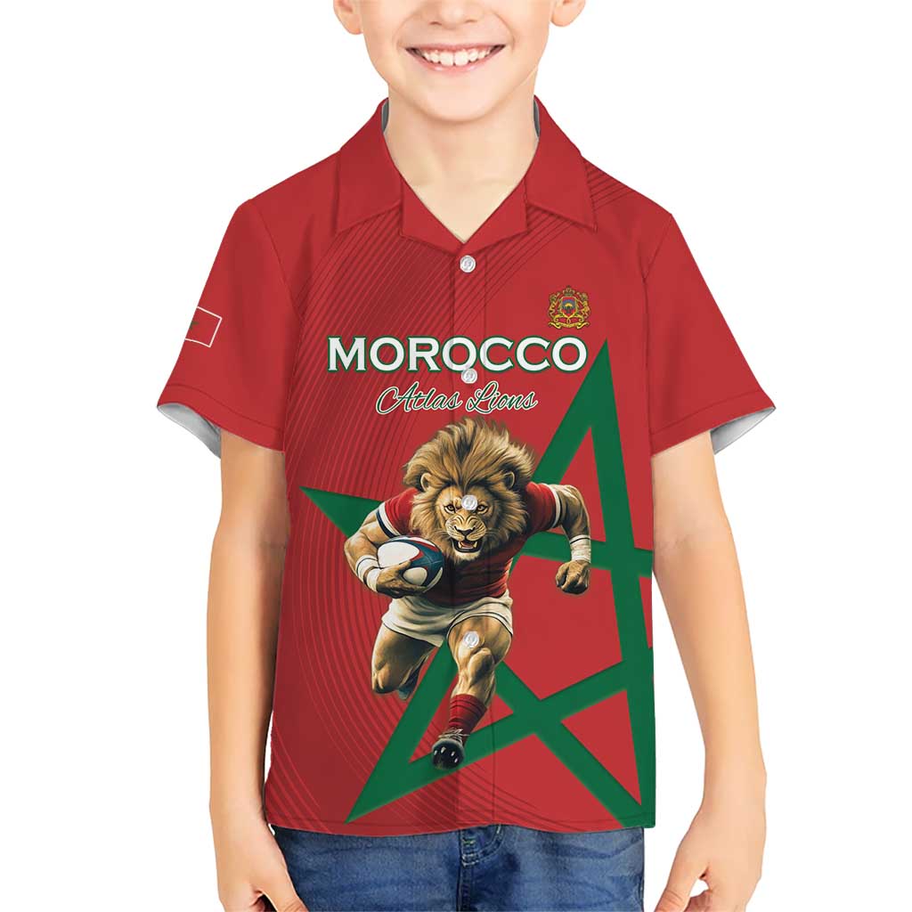 Morocco Rugby Custom Kid Hawaiian Shirt Lion Mascot Green Star