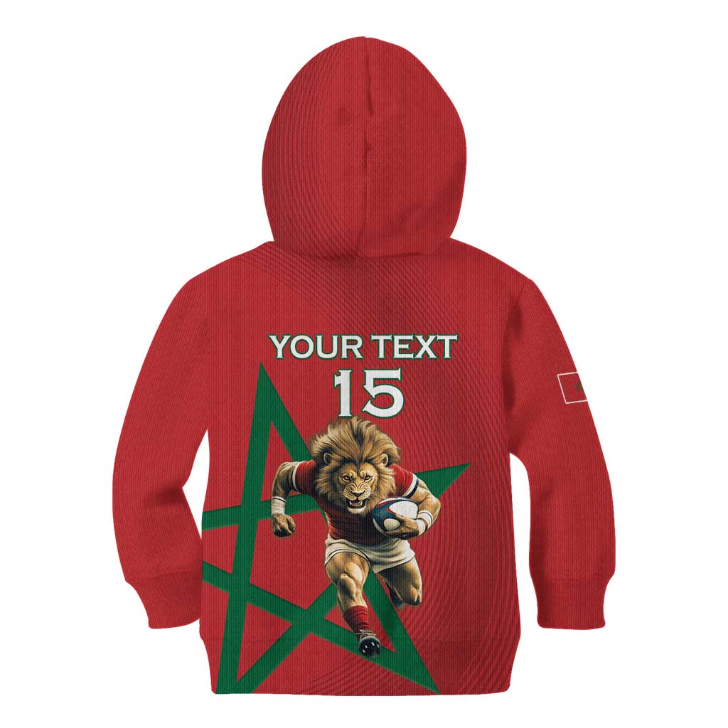 Morocco Rugby Custom Kid Hoodie Lion Mascot Green Star