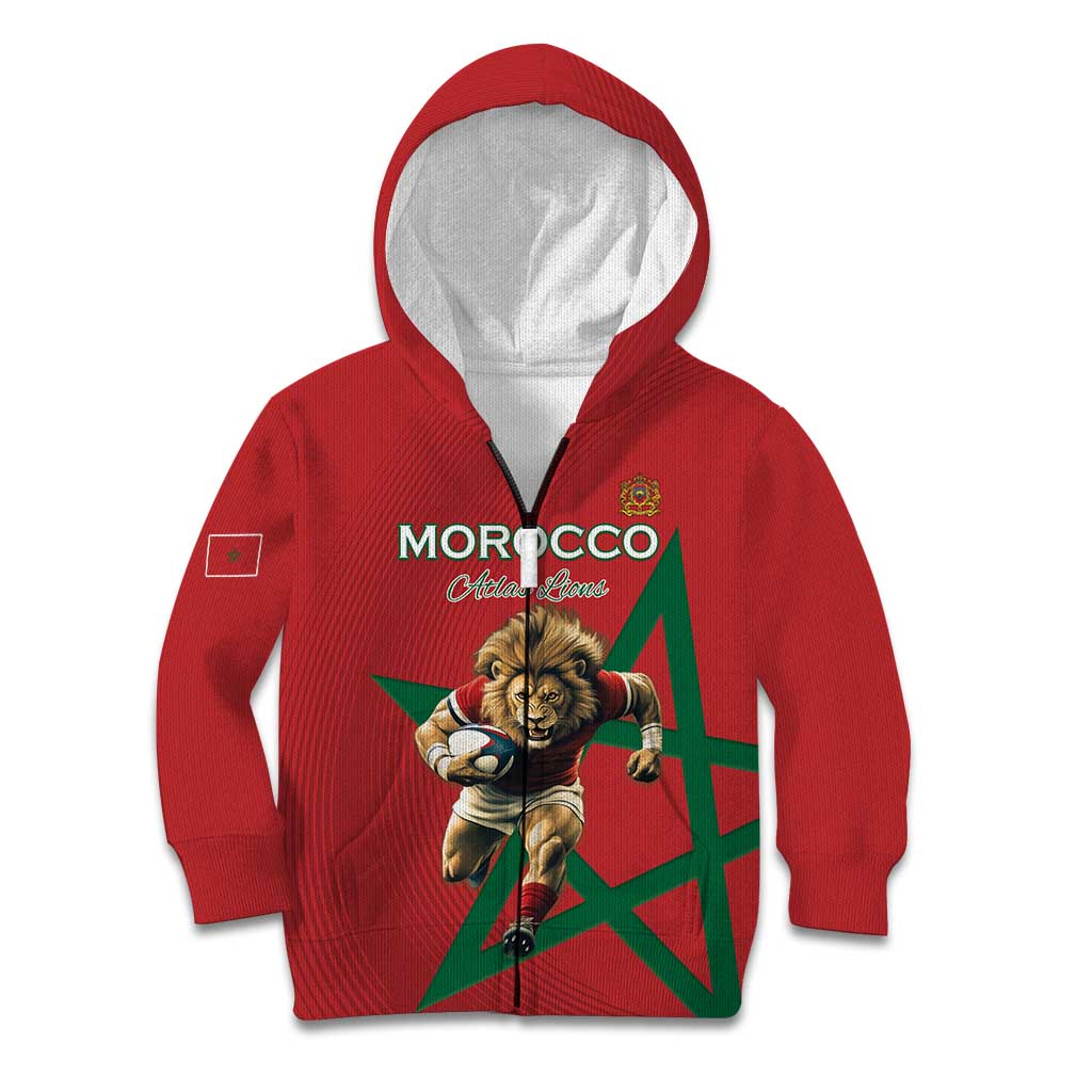 Morocco Rugby Custom Kid Hoodie Lion Mascot Green Star