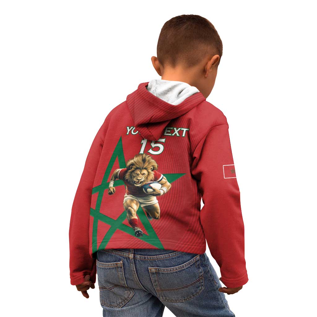 Morocco Rugby Custom Kid Hoodie Lion Mascot Green Star