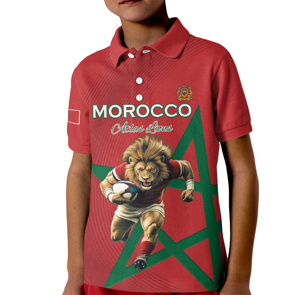 Morocco Rugby Custom Kid Polo Shirt Lion Mascot Green Star