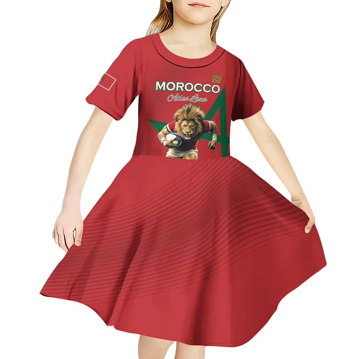 Morocco Rugby Custom Kid Short Sleeve Dress Lion Mascot Green Star