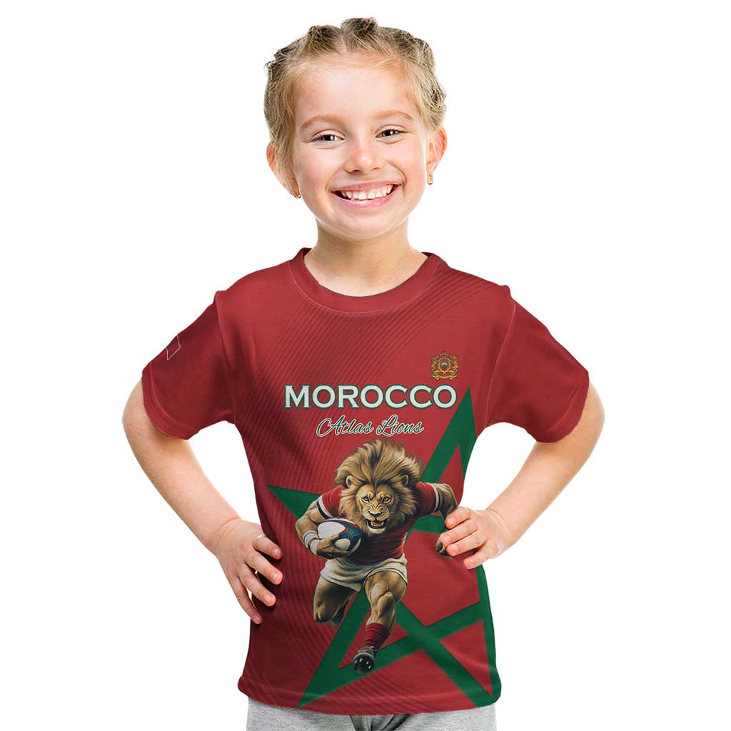 Morocco Rugby Custom Kid T Shirt Lion Mascot Green Star