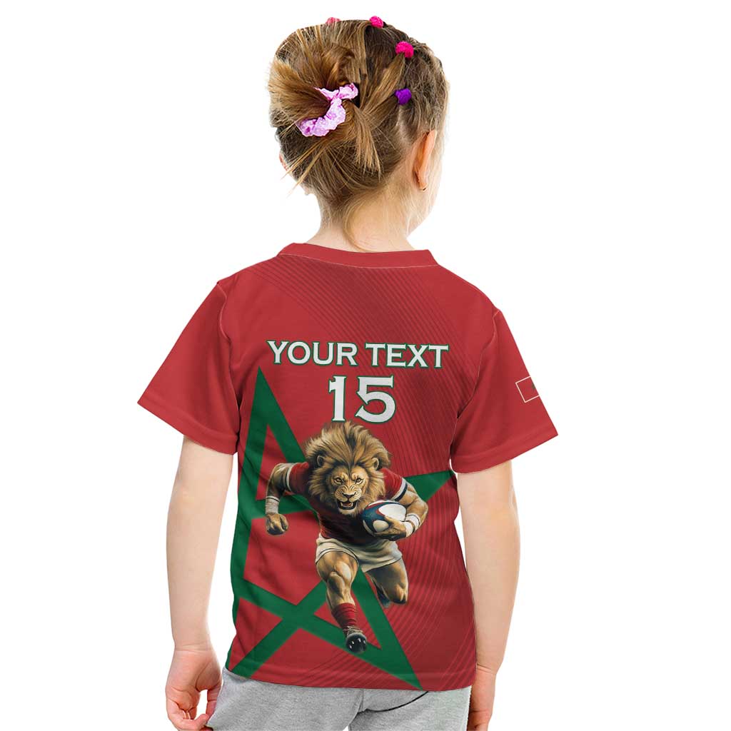 Morocco Rugby Custom Kid T Shirt Lion Mascot Green Star