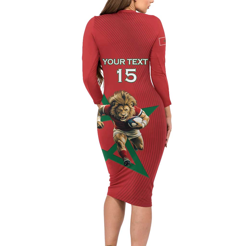 Morocco Rugby Custom Long Sleeve Bodycon Dress Lion Mascot Green Star