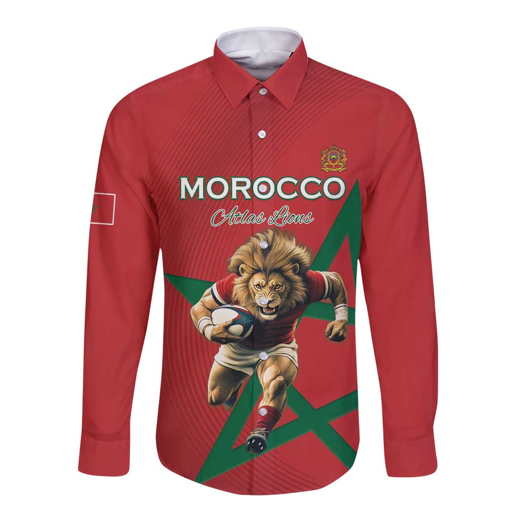 Morocco Rugby Custom Long Sleeve Button Shirt Lion Mascot Green Star