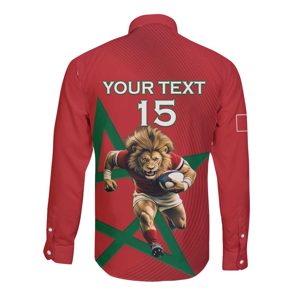Morocco Rugby Custom Long Sleeve Button Shirt Lion Mascot Green Star