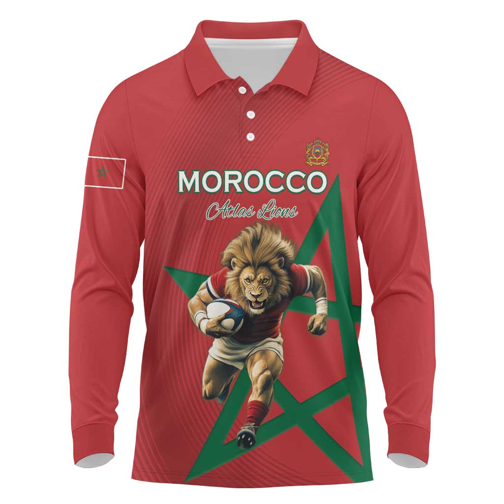 Morocco Rugby Custom Long Sleeve Polo Shirt Lion Mascot Green Star