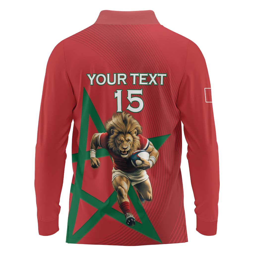 Morocco Rugby Custom Long Sleeve Polo Shirt Lion Mascot Green Star