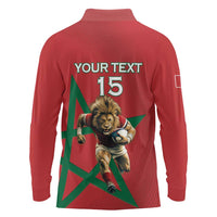 Morocco Rugby Custom Long Sleeve Polo Shirt Lion Mascot Green Star