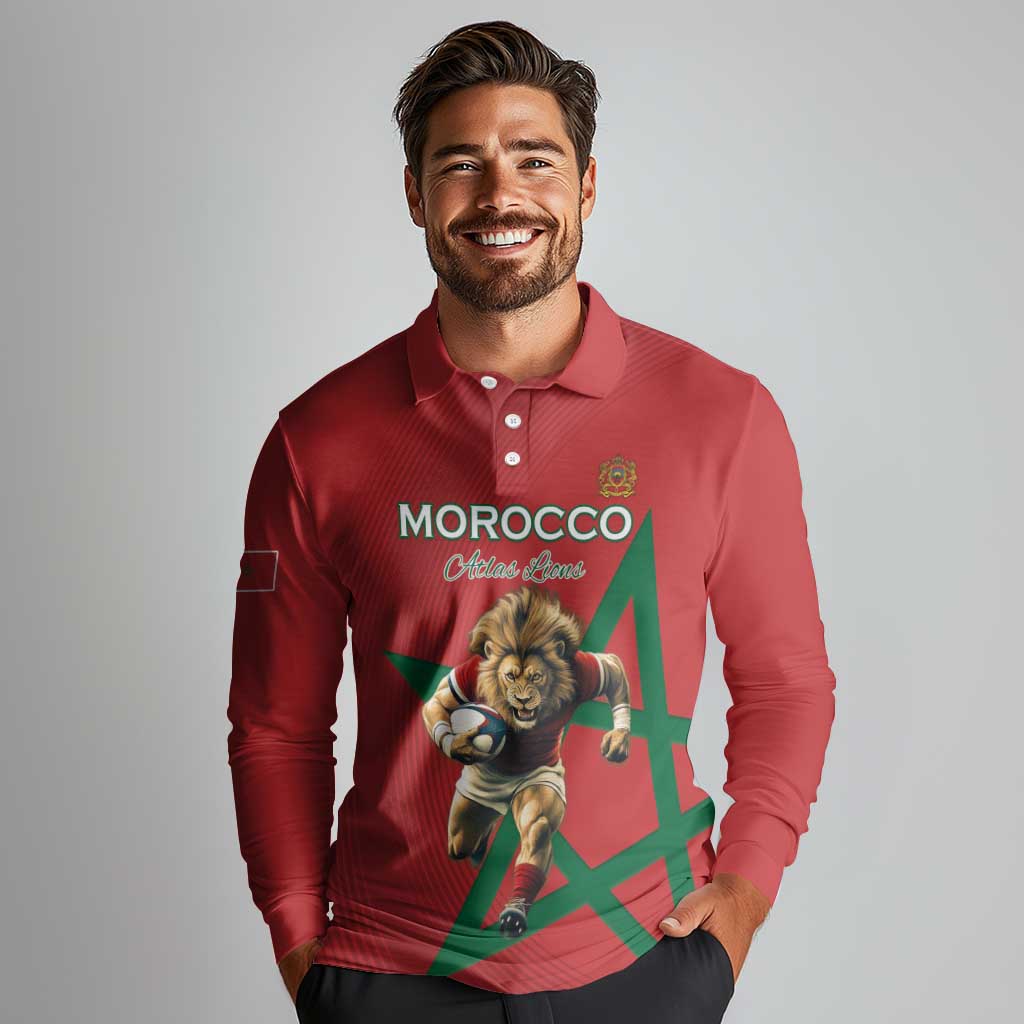 Morocco Rugby Custom Long Sleeve Polo Shirt Lion Mascot Green Star