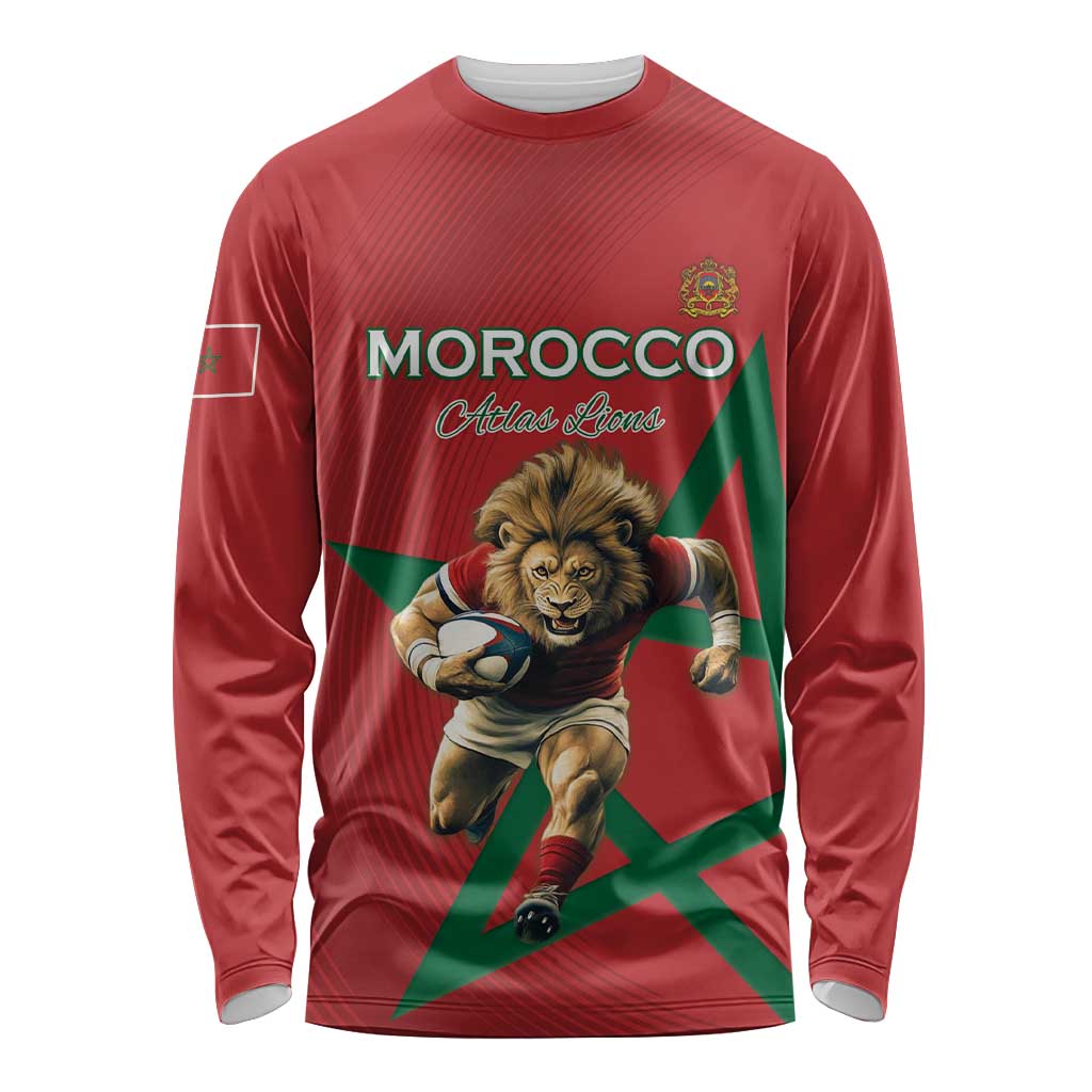 Morocco Rugby Custom Long Sleeve Shirt Lion Mascot Green Star