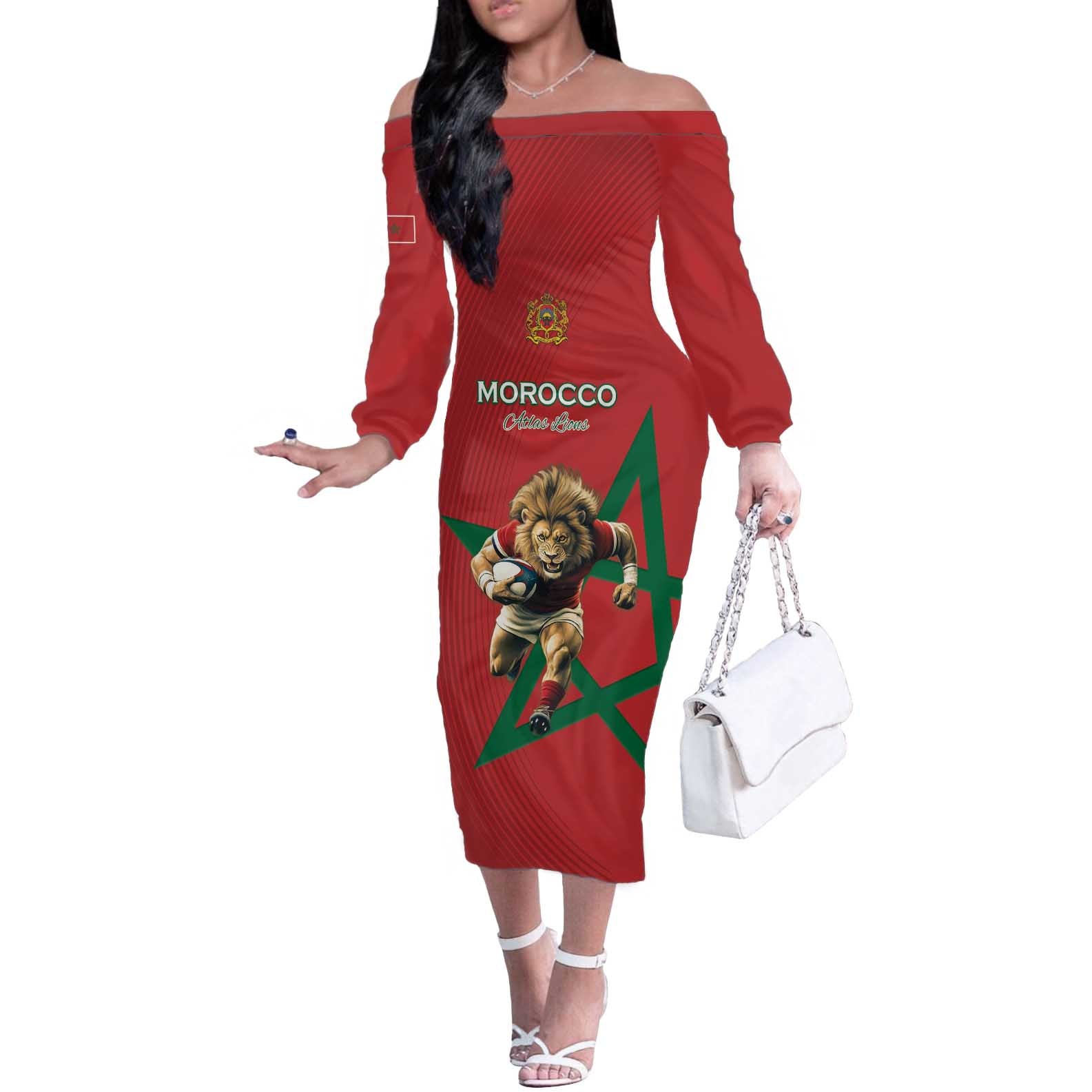 Morocco Rugby Custom Off The Shoulder Long Sleeve Dress Lion Mascot Green Star