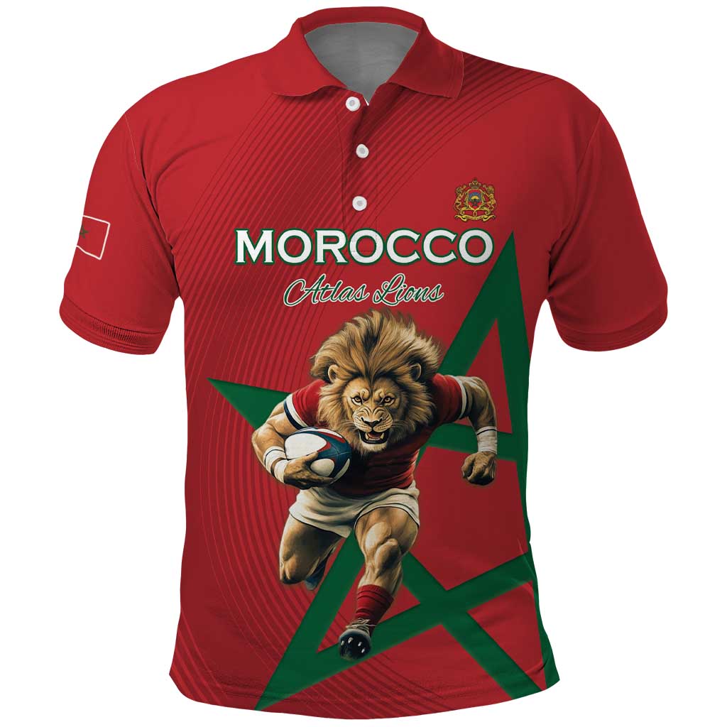 Morocco Rugby Custom Polo Shirt Lion Mascot Green Star