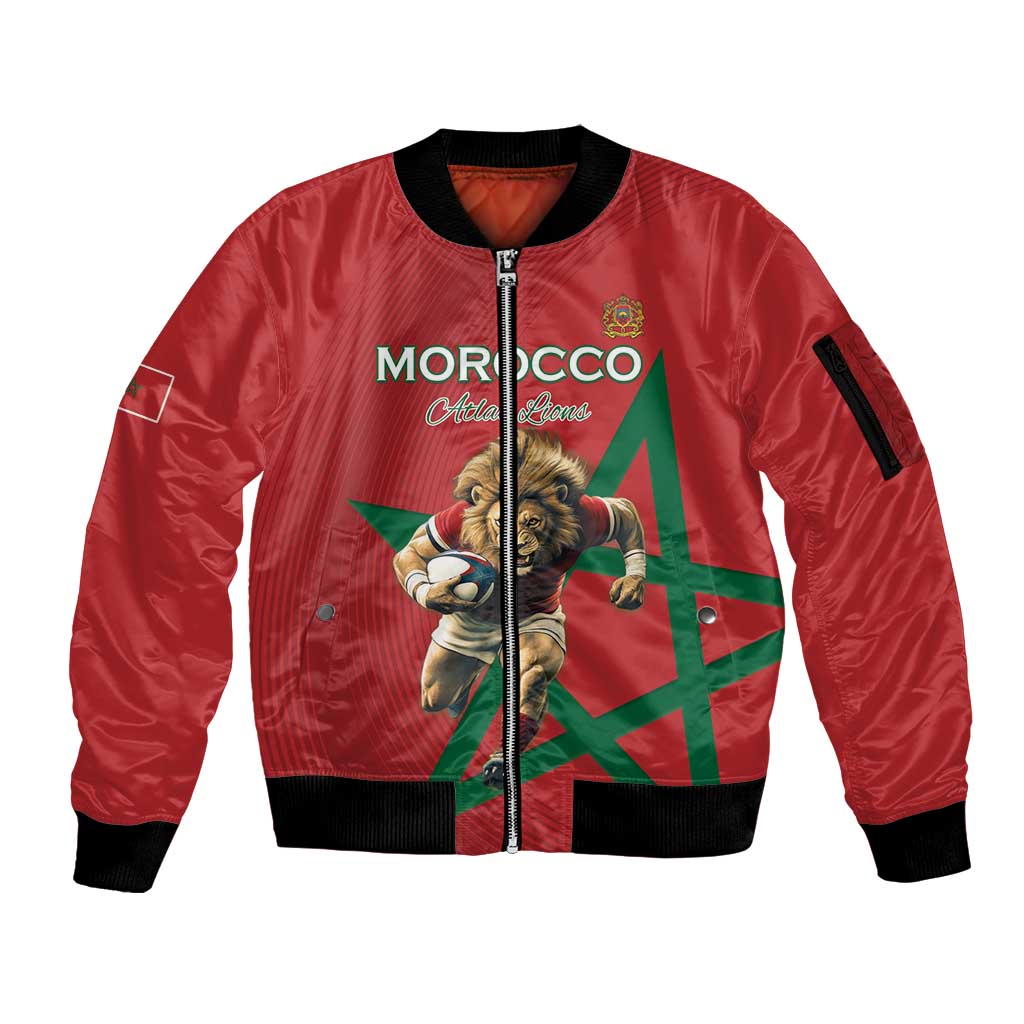 Morocco Rugby Custom Sleeve Zip Bomber Jacket Lion Mascot Green Star
