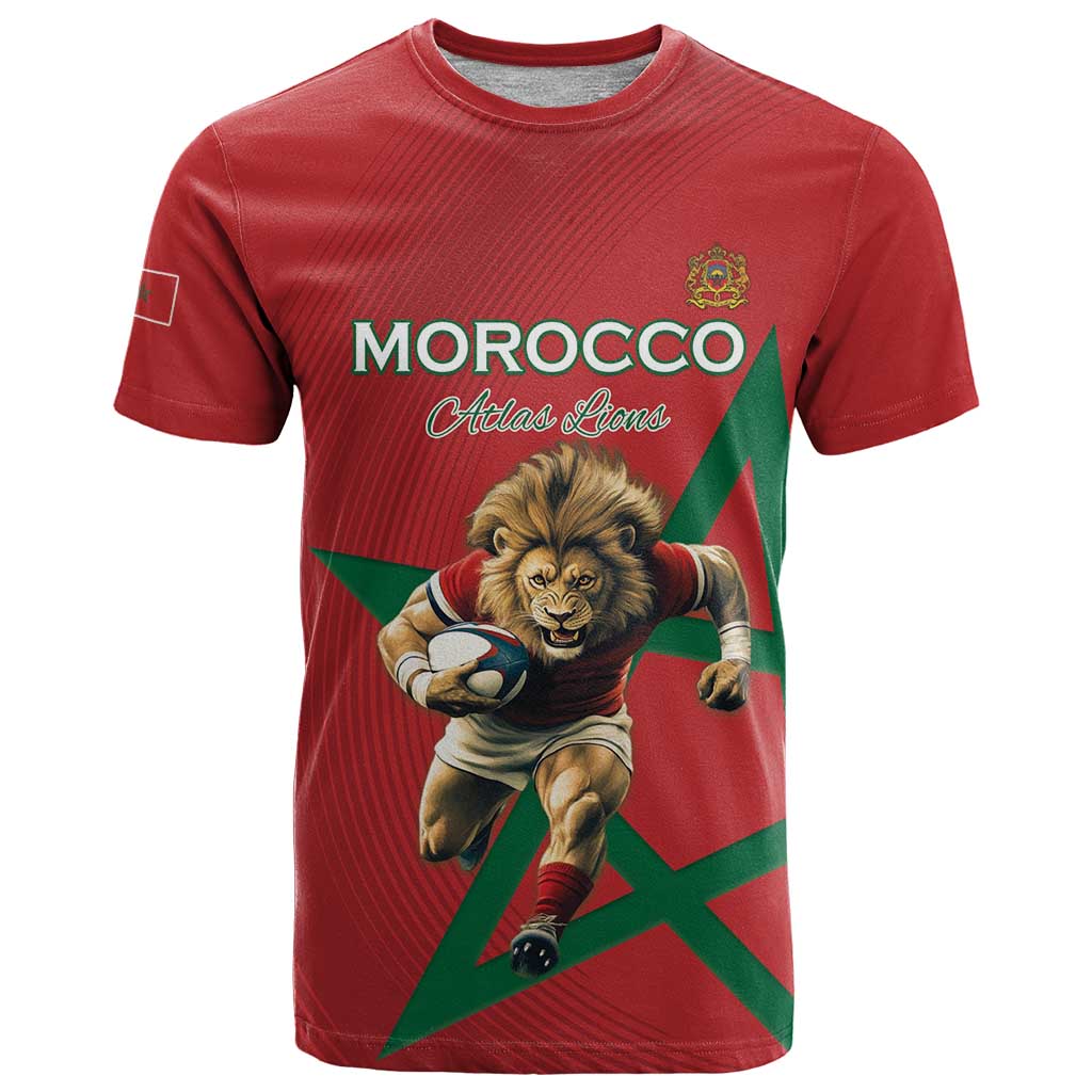 Morocco Rugby Custom T Shirt Lion Mascot Green Star