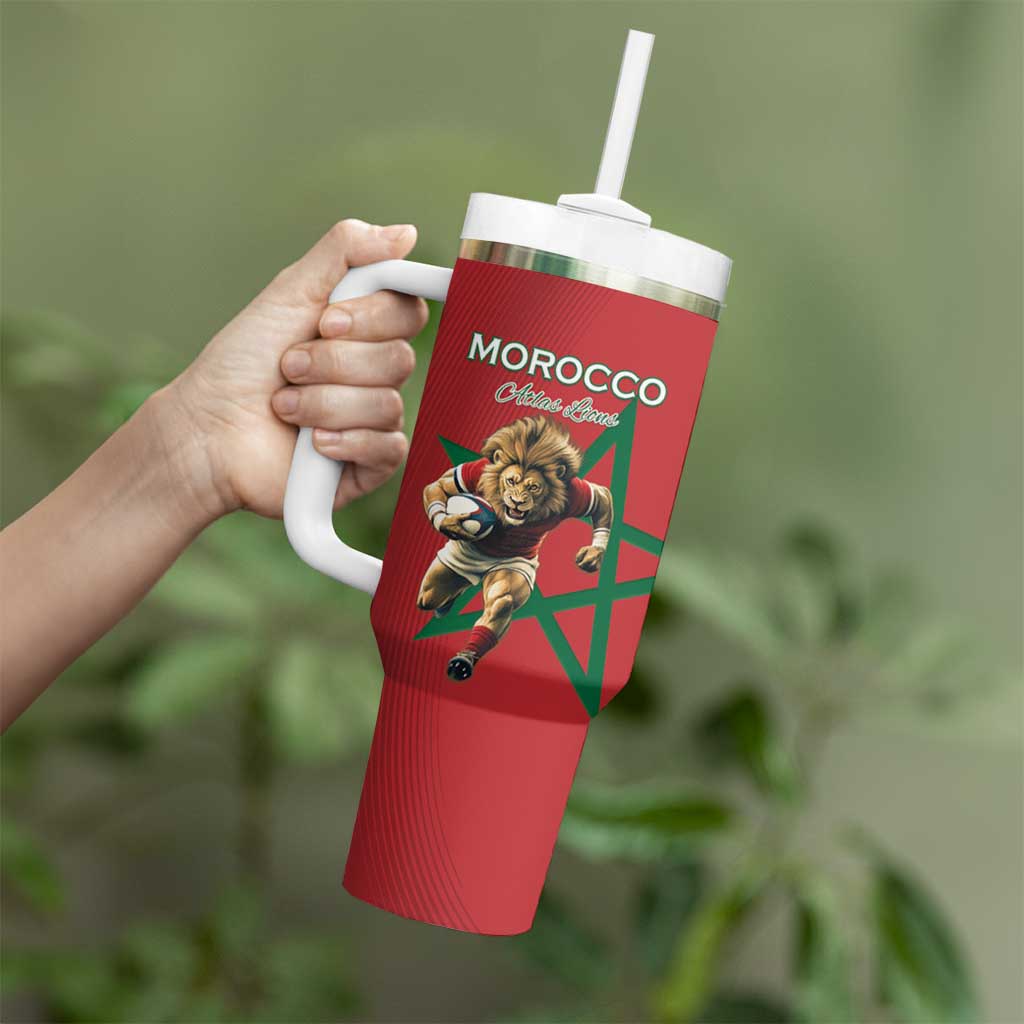 Morocco Rugby Custom Tumbler With Handle Lion Mascot Green Star