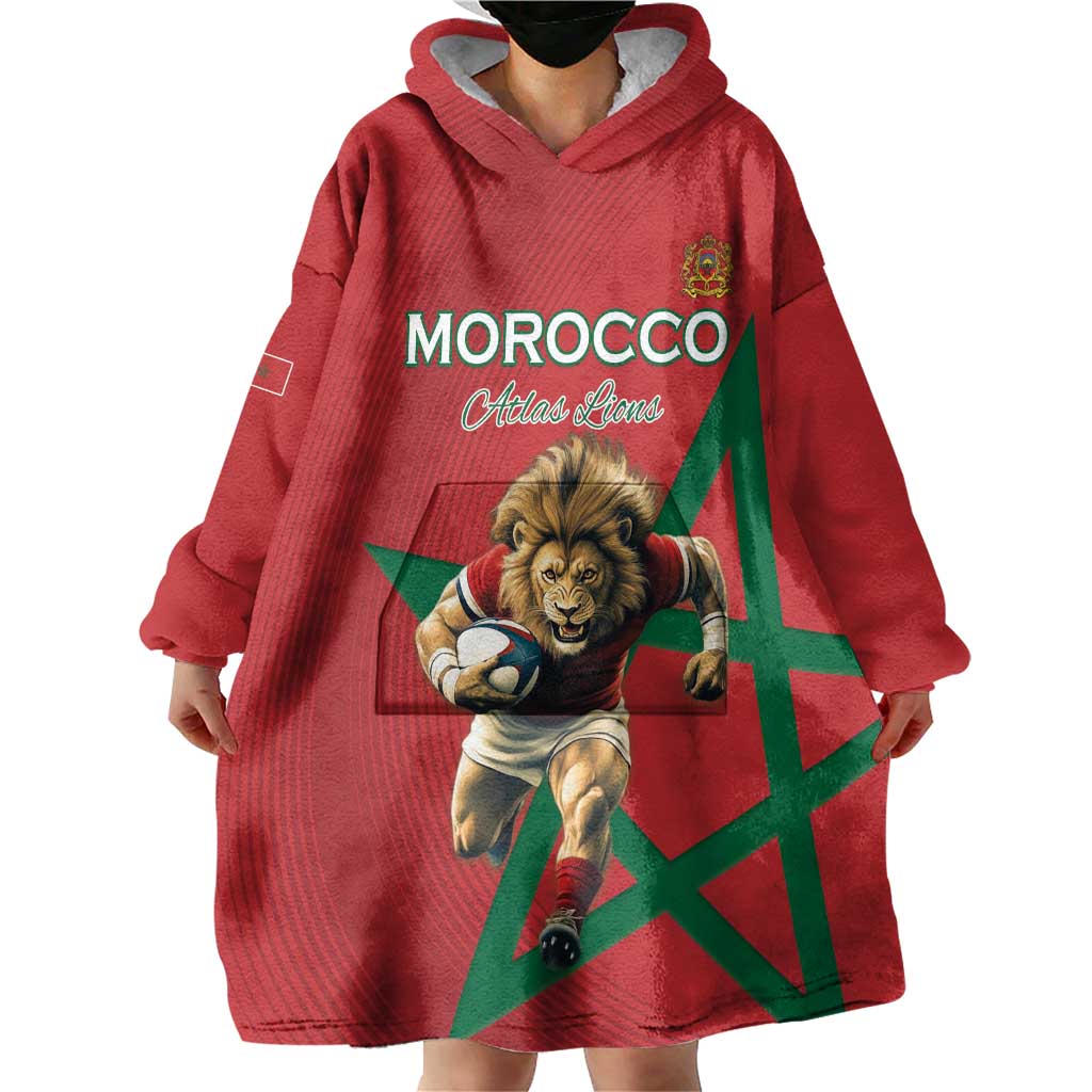 Morocco Rugby Custom Wearable Blanket Hoodie Lion Mascot Green Star
