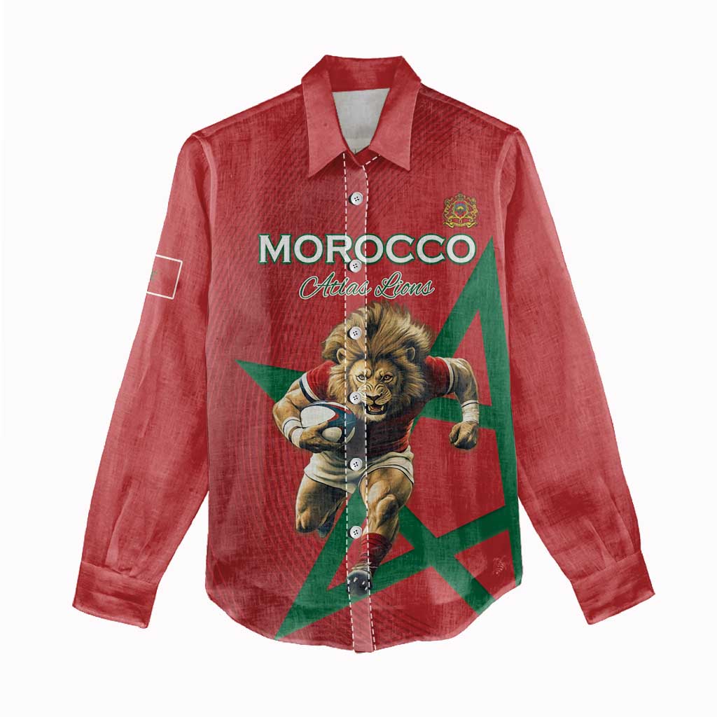 Morocco Rugby Custom Women Casual Shirt Lion Mascot Green Star