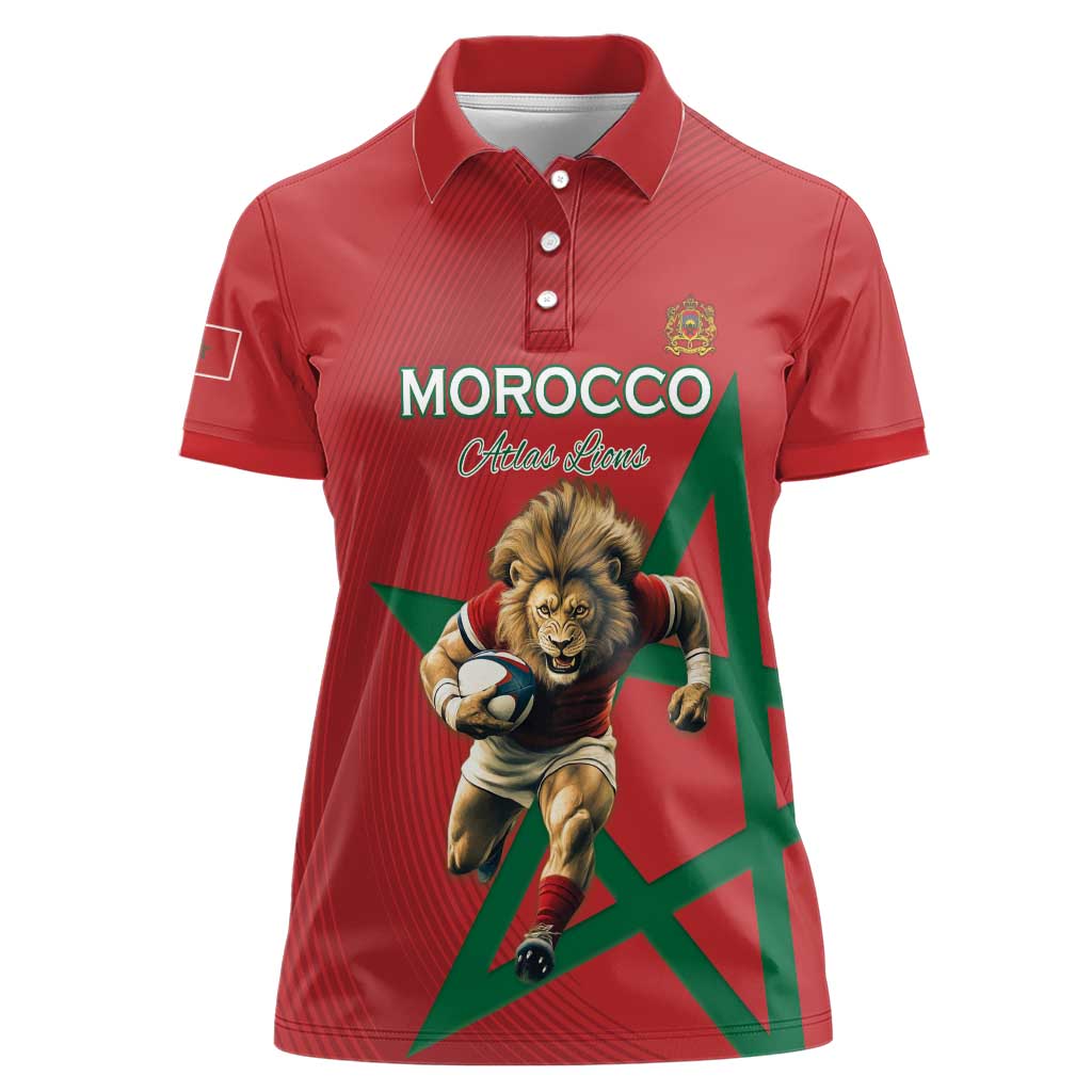 Morocco Rugby Custom Women Polo Shirt Lion Mascot Green Star