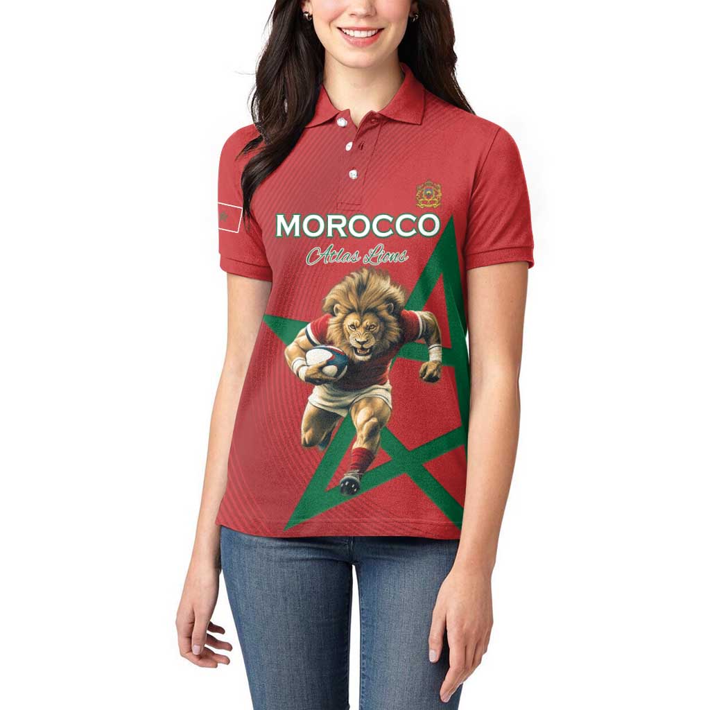 Morocco Rugby Custom Women Polo Shirt Lion Mascot Green Star