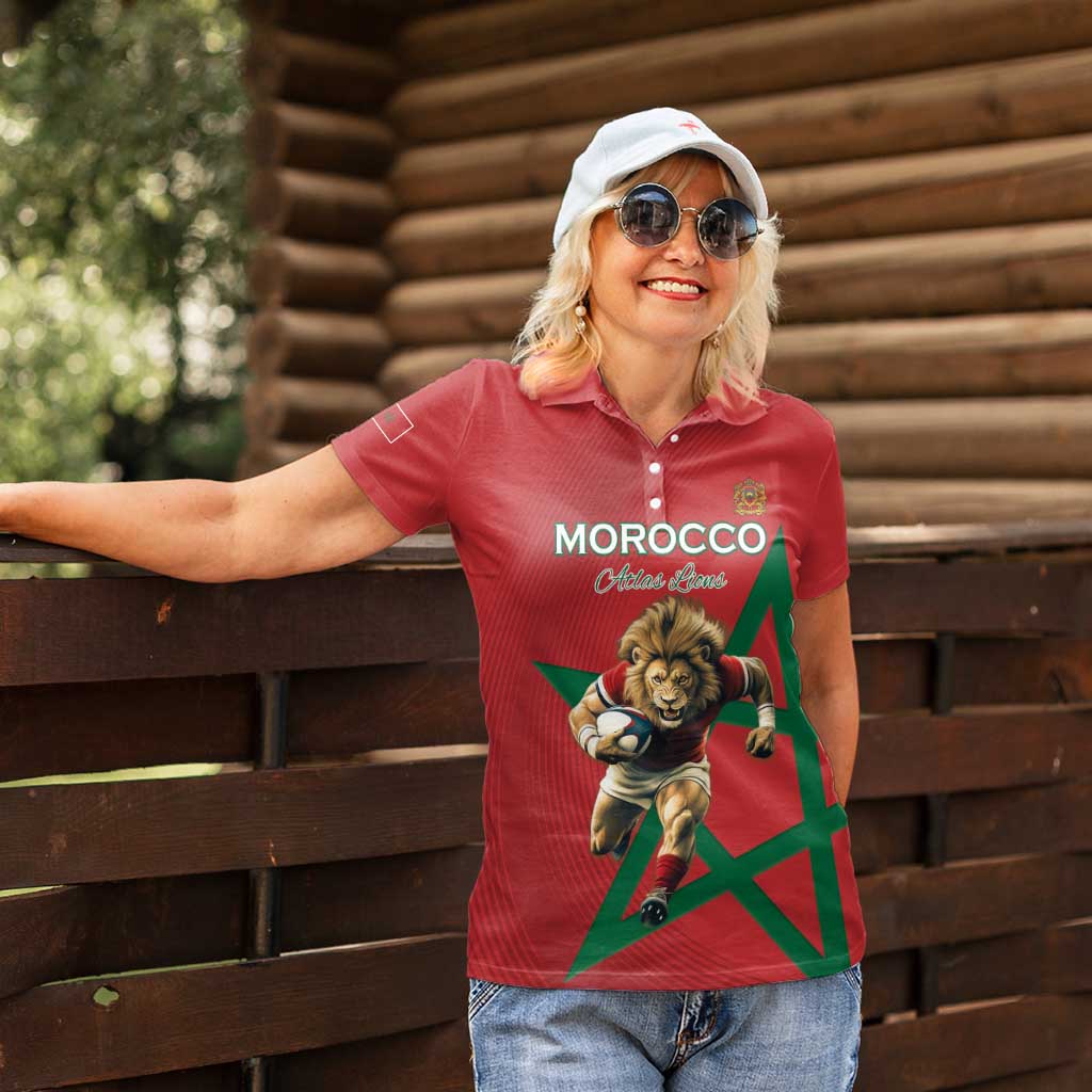 Morocco Rugby Custom Women Polo Shirt Lion Mascot Green Star