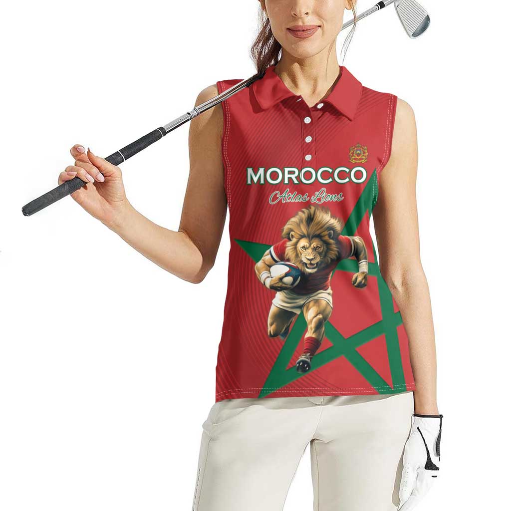 Morocco Rugby Custom Women Sleeveless Polo Shirt Lion Mascot Green Star