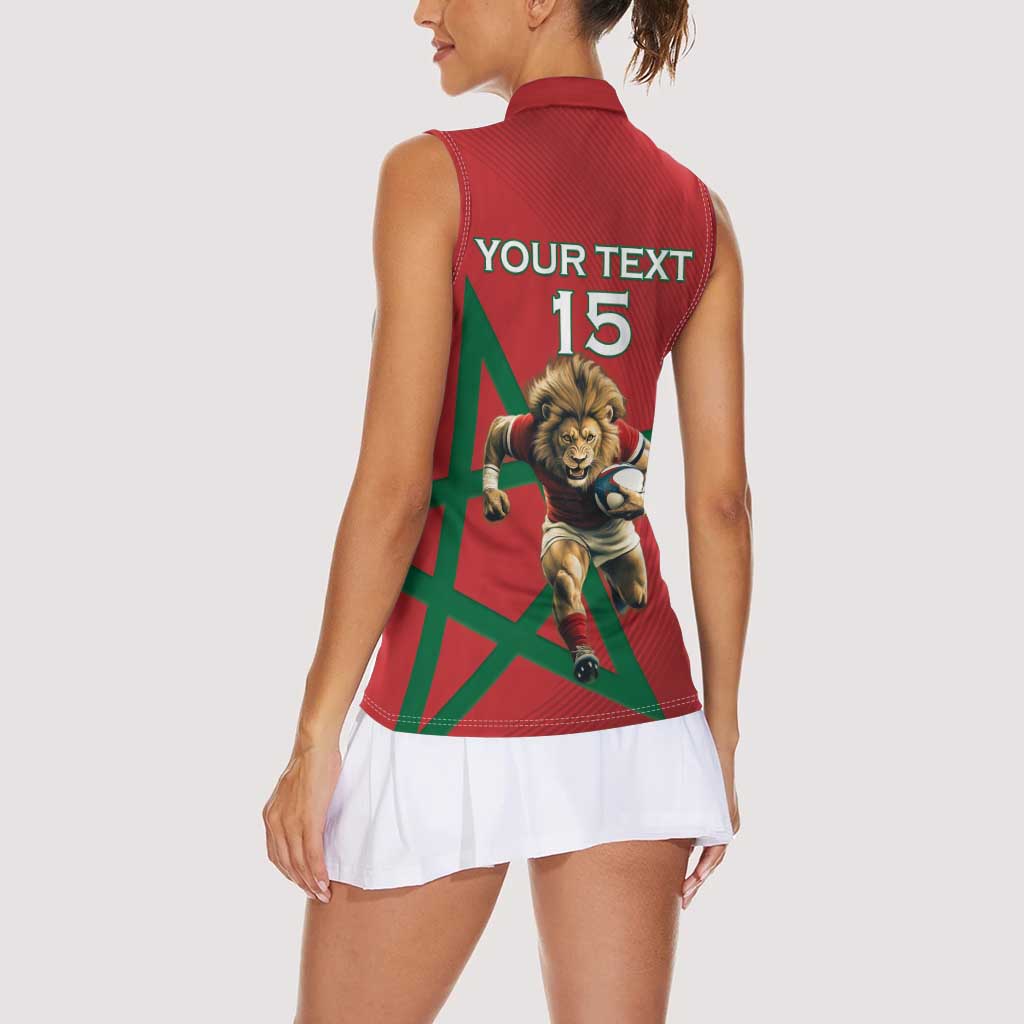 Morocco Rugby Custom Women Sleeveless Polo Shirt Lion Mascot Green Star