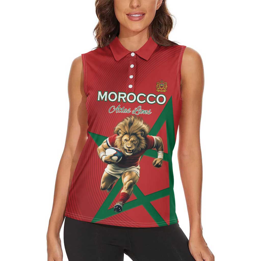 Morocco Rugby Custom Women Sleeveless Polo Shirt Lion Mascot Green Star