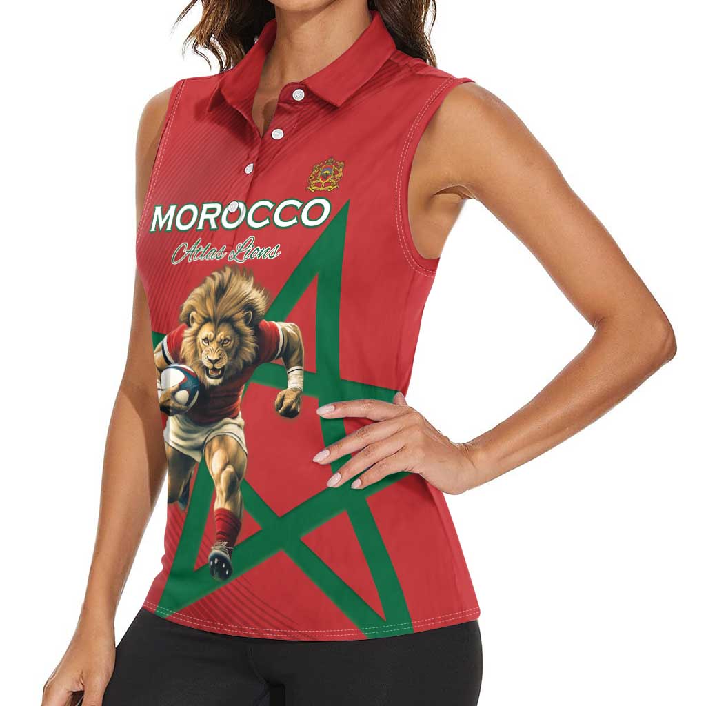 Morocco Rugby Custom Women Sleeveless Polo Shirt Lion Mascot Green Star