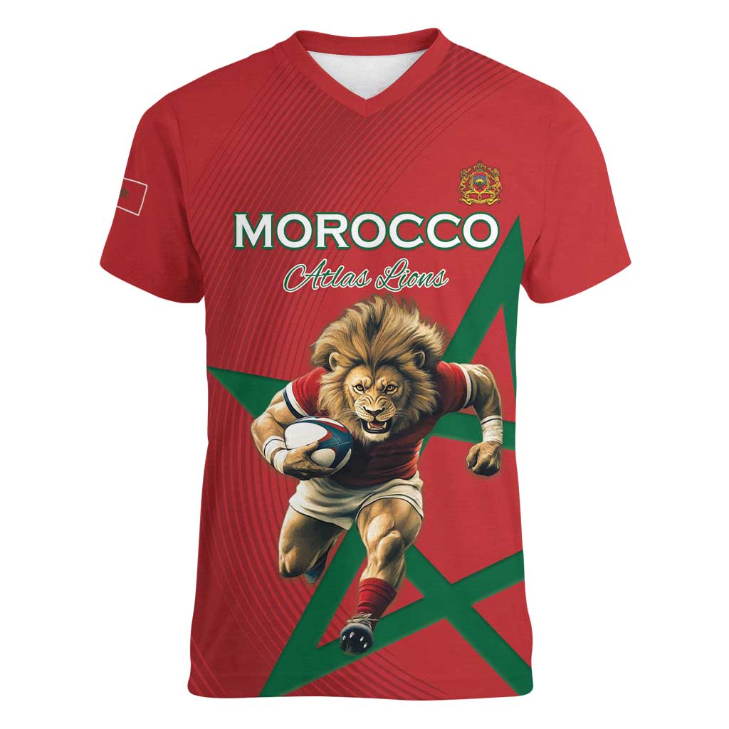 Morocco Rugby Custom Women V-Neck T-Shirt Lion Mascot Green Star