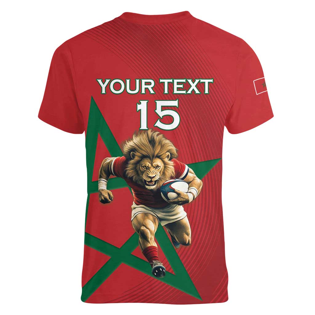 Morocco Rugby Custom Women V-Neck T-Shirt Lion Mascot Green Star